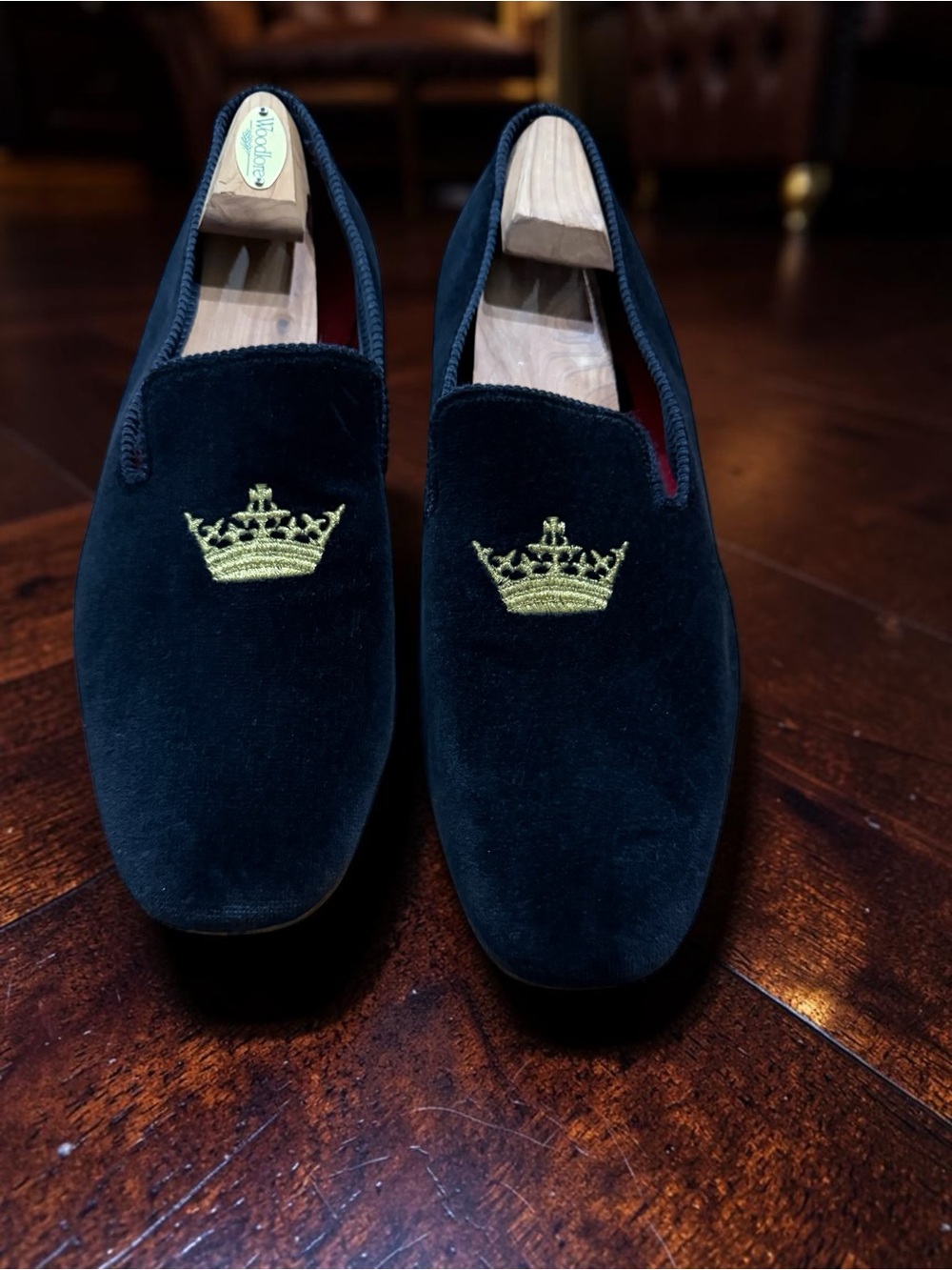 Church's Sovereign Crown Velvet Albert Slipper Midnight Navy Gold Crown UK 12 US